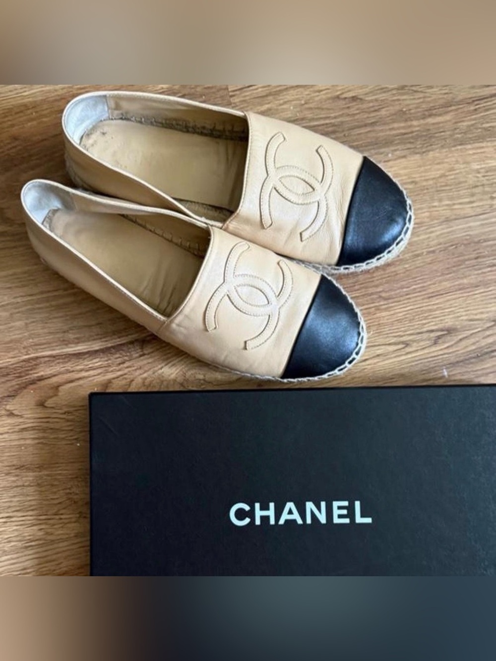 CHANEL Beige Leather Espadrilles with Black Cap Toe